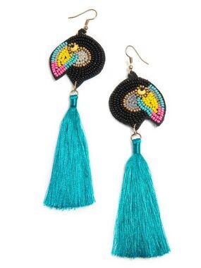 Handmade Beaded Black and Turquoise Tassel Earrings